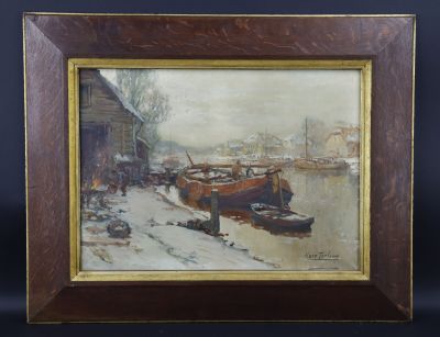 tableau représentant un bateau amarré dans un port, avec de la neige au sol