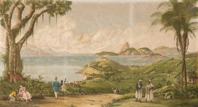 tableau représentant une vue d'une île tropicale avec des palmiers et des personnages
