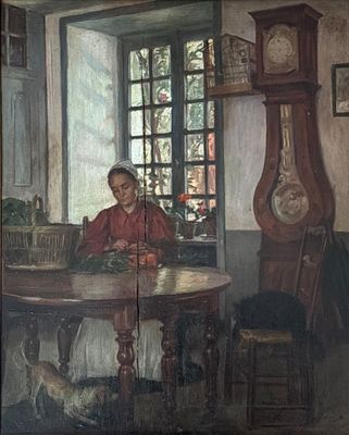 a painting of a man sitting at a table with a dog