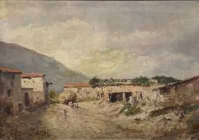 tableau représentant un chemin de terre avec des bâtiments et une montagne en arrière-plan