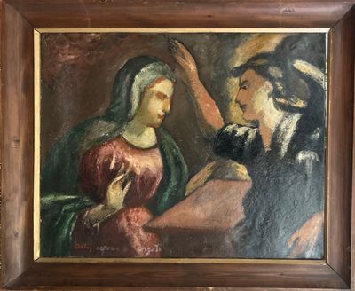 une peinture à l'huile représentant une femme et un homme dans une pièce