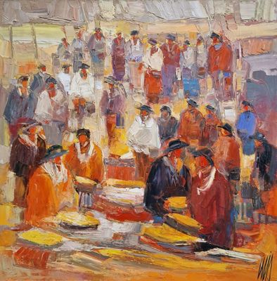 an oil painting of a crowd of people standing around a table
