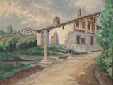 an oil painting of a house on a hill with a road in front of it