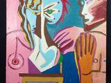 une peinture à l'huile représentant une femme et un homme debout l'un à côté de l'autre
