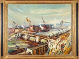 une peinture à l'huile d'une scène portuaire avec des bateaux dans l'eau