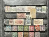 a suitcase full of stamps on display in a room