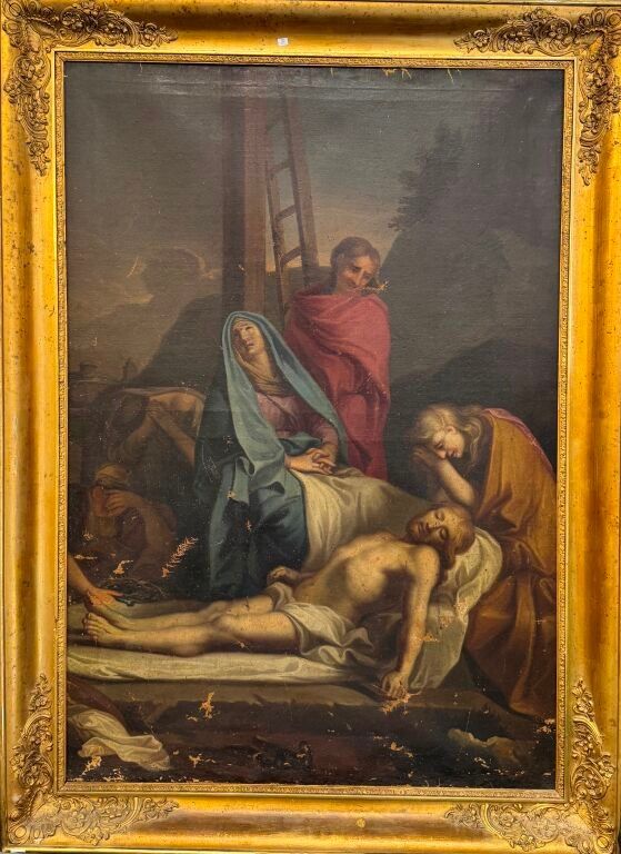 Ecole XIXème - Descente de Croix - Huile sur Toile 69 x 100 cm