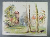 watercolor painting of a house and trees in a park