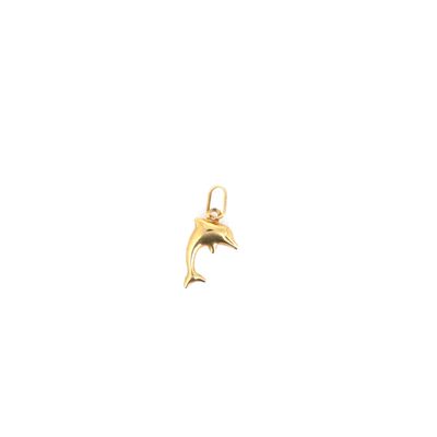 a close up of a gold dolphin charm on a white background