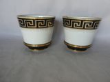 pair of white and gold vases with greek design on them