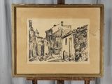 une vieille photo représentant un dessin d'une rue avec des bâtiments