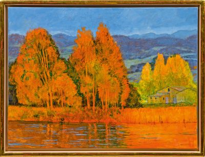 an oil painting of a landscape with trees and water