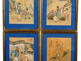 quatre peintures chinoises encadrées représentant des femmes et des hommes dans un style oriental