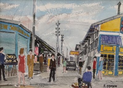 a painting of a street scene with people and a dog