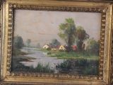 an oil painting of a farm scene with a pond in the foreground and a house in the distance