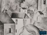 a black and white drawing of a woman in front of a town