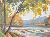 a picture of a painting of a river in the woods