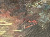 a close up of a painting of a person on a horse