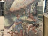 un tableau représentant des enfants sur une luge, avec un parapluie