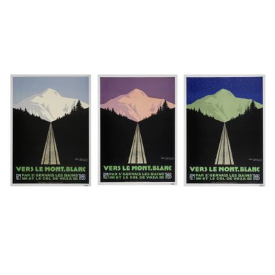 un lot de trois affiches avec des montagnes en arrière-plan