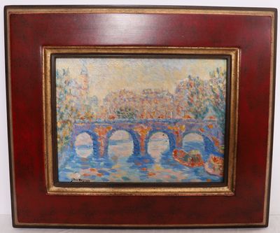 an oil painting of a bridge over a body of water