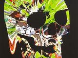 peinture représentant un crâne recouvert de graffitis sur fond noir