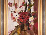 an oil painting of flowers in a vase on a table