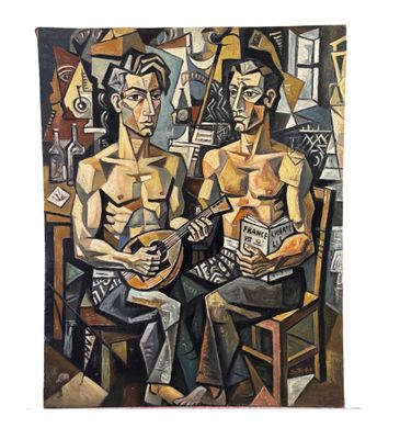 tableau représentant un homme et une femme assis sur une chaise avec une guitare