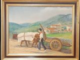 a painting of a man pulling a cart with a horse