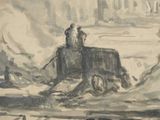 a painting of two people riding on a horse in the snow