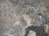 a painting of a man riding a horse in the woods