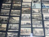 several old black and white photos of a train station and other buildings