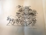 un dessin représentant une calèche tirée par un cheval, avec des personnes à bord