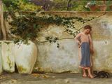 un tableau représentant une jeune fille appuyée contre un mur