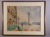 peinture d'une scène de rue avec une tour d'horloge en arrière-plan