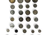 an assortment of old coins are arranged on a white surface