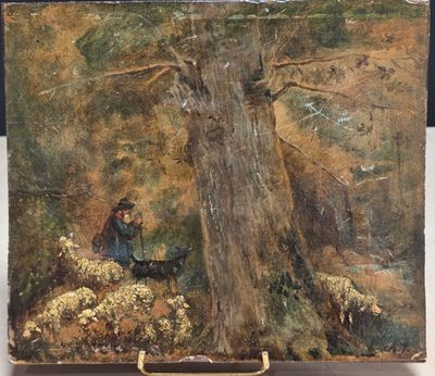 une peinture à l'huile représentant un homme assis sous un arbre dans un champ