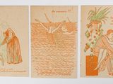three old postcards with drawings of people and animals on them