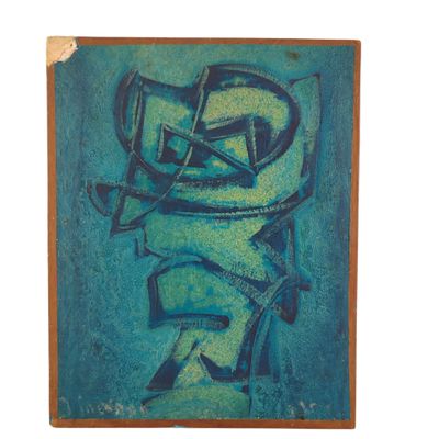 un tableau représentant une peinture bleue et verte sur un châssis en bois