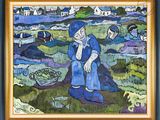 painting of a man sitting in a field with a basket of fish