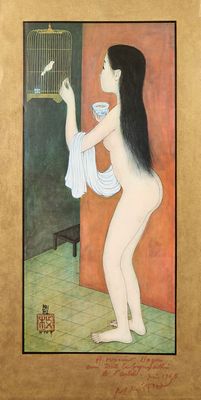 une image représentant un tableau où l'on voit une femme tenant un oiseau dans une cage