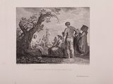 an old black and white drawing of a group of people in a forest