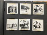 several black and white photos of people standing in front of an airplane