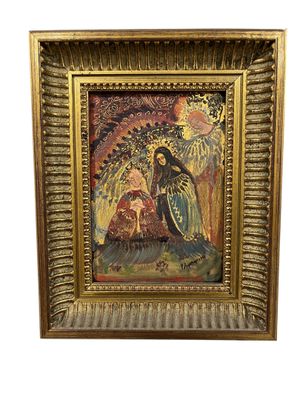 une image représentant un tableau d'une femme et d'un enfant dans un cadre doré