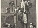 une vieille gravure représentant un homme tenant un couteau et un chat