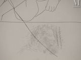 drawing of a person holding a kite above a body of water