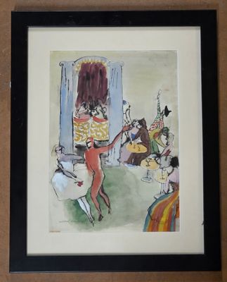 painting of a man riding a horse in front of a group of people