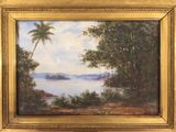 an oil painting of a view of a lake with trees in the foreground