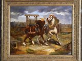 painting of a man on a horse chasing a horse in a fenced in area