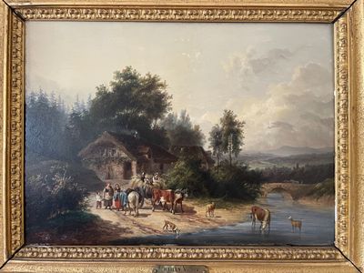 un tableau représentant un groupe de personnes et de chevaux au bord d'une rivière